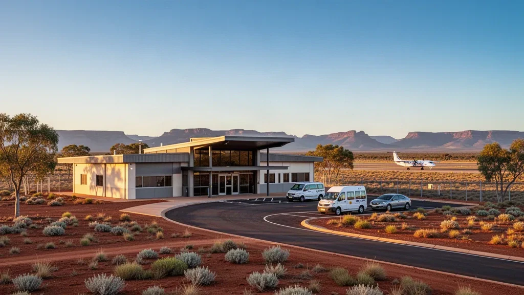 Terminal aeroportuale regionale e corsia di sosta a Port Augusta sotto la luce dorata dell'outback, con le Flinders Ranges all'orizzonte