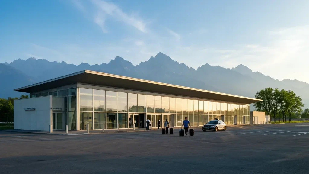 Pau Pyrénées Havaalanı'nın terminal dış görünümü, arka planda Pireneler