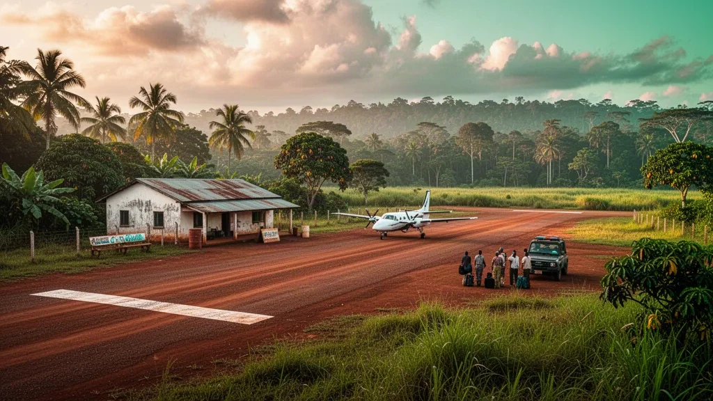 Petite piste rurale tropicale desservant Punia en République démocratique du Congo, entourée de forêt tropicale à l'heure dorée