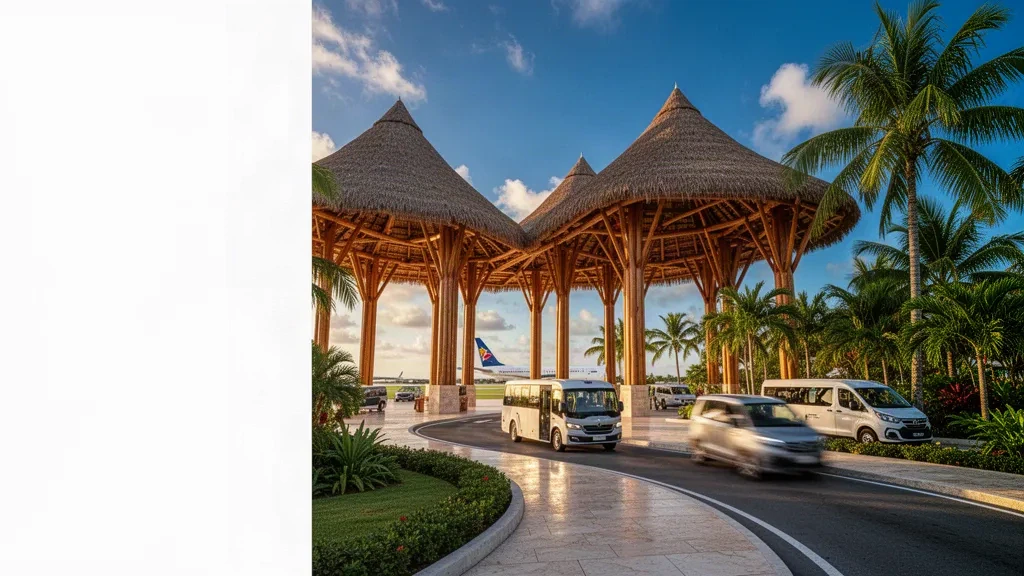 Terminal all'aperto con tetto in paglia e corsia di scarico fiancheggiata da palme all'Aeroporto Internazionale di Punta Cana nella calda luce dorata dei Caraibi