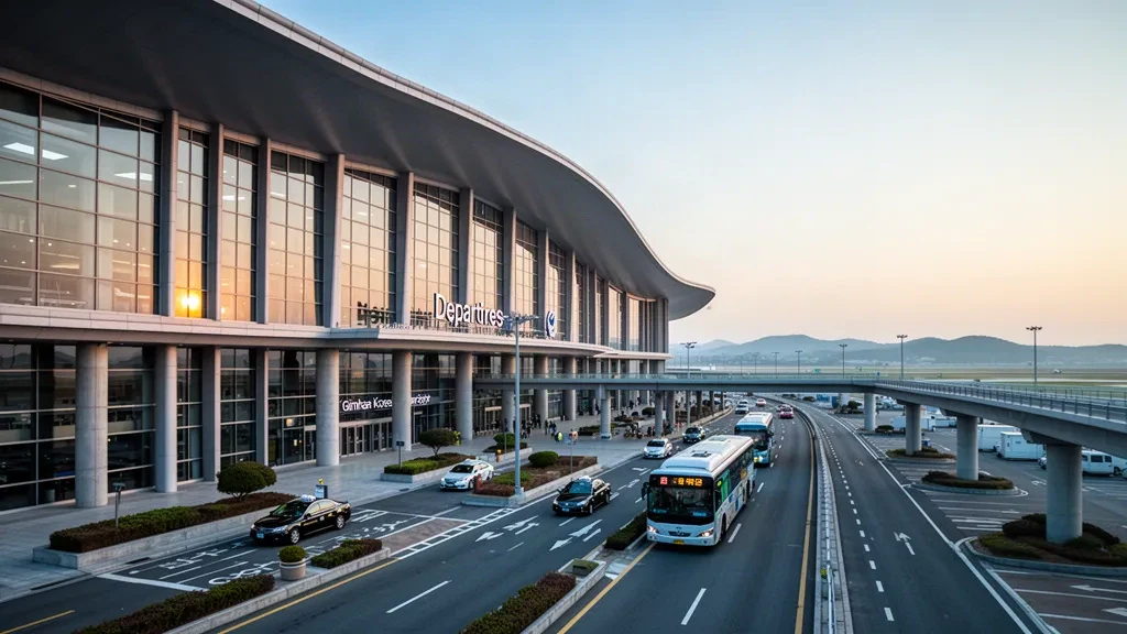 Modern glass terminal exterior and curbside drop-off lanes at Gimhae International Airport in Busan, Korea, under warm golden-hour light