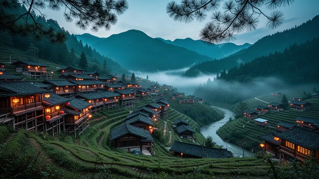 Maisons traditionnelles sur pilotis du village miao de Xijiang Qianhu, dans le Guizhou, éclairées par la lueur ambrée des lanternes au crépuscule