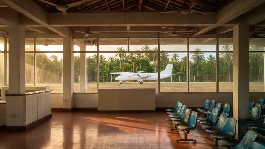 Interior de la sala de salidas del Aeropuerto de Puerto Rico (PUR) en Bolivia, con luz tropical y una aeronave bimotor turbohélice en la plataforma exterior.