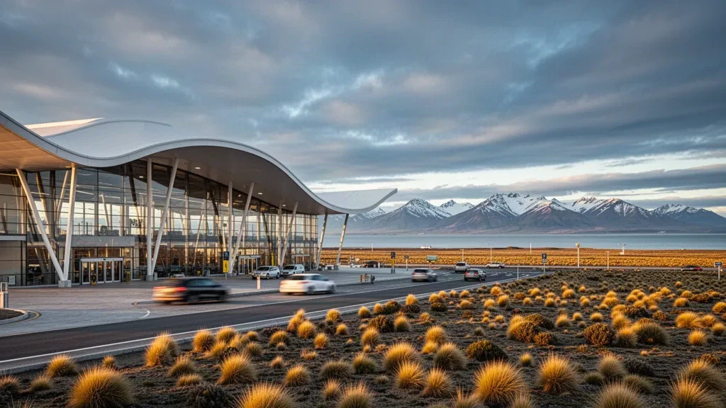 Extérieur d'un terminal aéroportuaire moderne à Punta Arenas, au Chili, avec façade vitrée, voie de dépose et steppe patagonienne sous un ciel spectaculaire