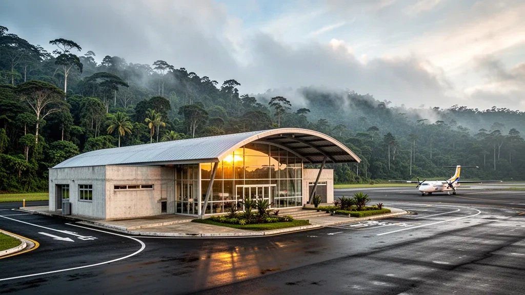 Terminal tropical y plataforma del Aeropuerto Tres de Mayo en Puerto Asís, Colombia, rodeados de selva amazónica durante la hora dorada