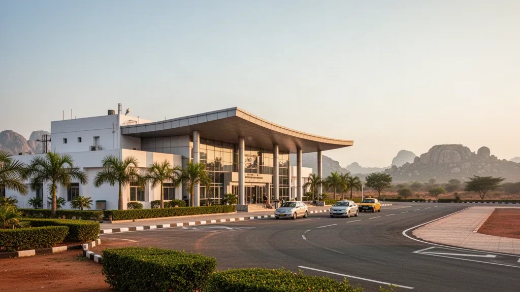 Blick zur goldenen Stunde auf das moderne Glas-Terminal und die Vorfahrtspur am Flughafen Sri Sathya Sai in Puttaparthi, Andhra Pradesh