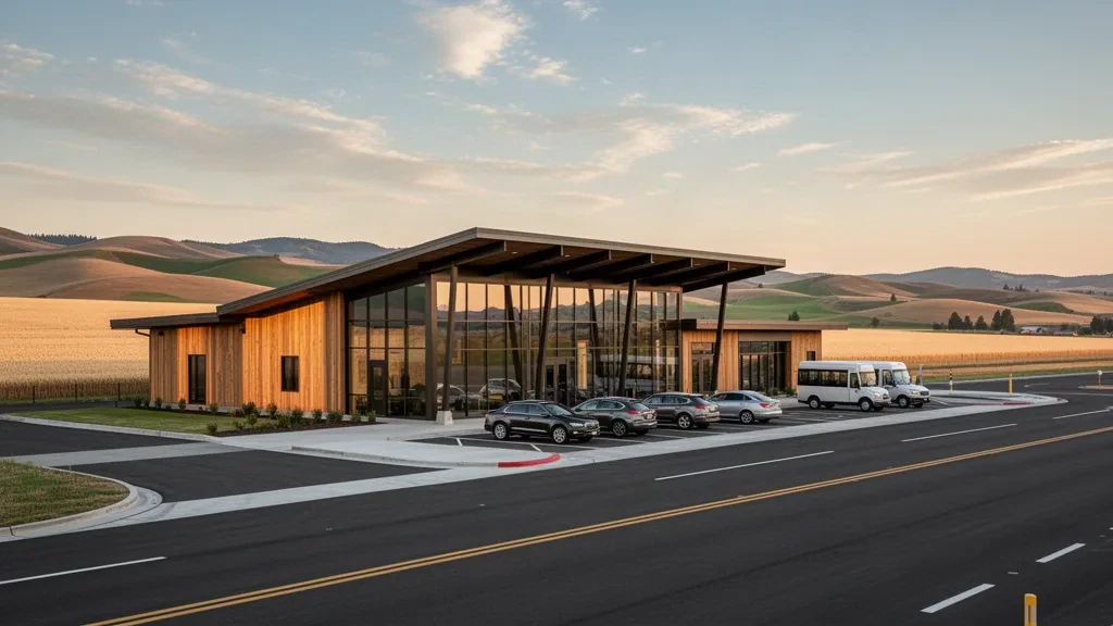 Modernes Terminal aus Holz und Glas am Pullman-Moscow Regional Airport im Licht der goldenen Stunde über den Weizenhügeln der Palouse