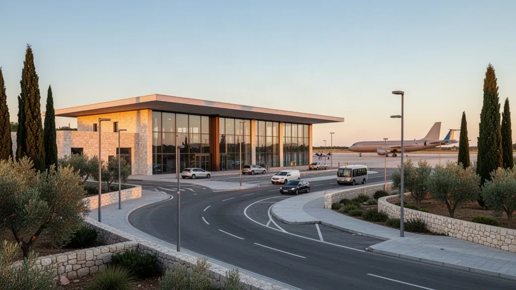 Modern glass terminal building and drop-off lanes at Pula Airport in Istria, Croatia, photographed at golden hour