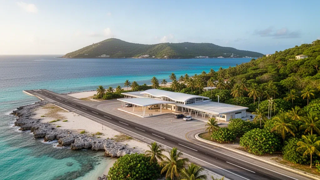 Low-rise terminal and seaside runway at El Embrujo Airport on Providencia Island, Colombia, framed by turquoise Caribbean water and palms.