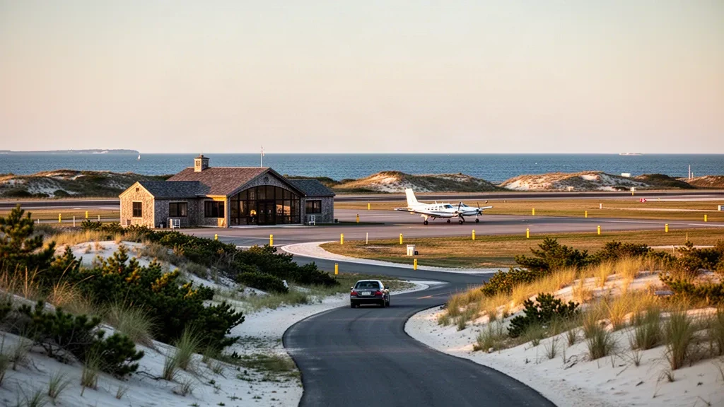 Terminal, Vorfeld und Startbahn des Provincetown Municipal Airport, eingerahmt von Sanddünen und Küstengras von Cape Cod im goldenen Licht