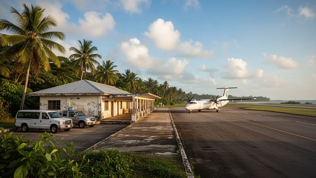 Kleines tropisches Terminal und Vorfeld am Flughafen Puerto Cabezas in Bilwi, Nicaragua, mit einer Turboprop-Maschine im warmen karibischen Nachmittagslicht