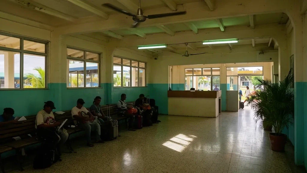 Intérieur du terminal de l'aéroport de Puerto Cabezas à Bilwi, au Nicaragua, montrant le hall de départ, les bancs d'attente et la zone d'enregistrement