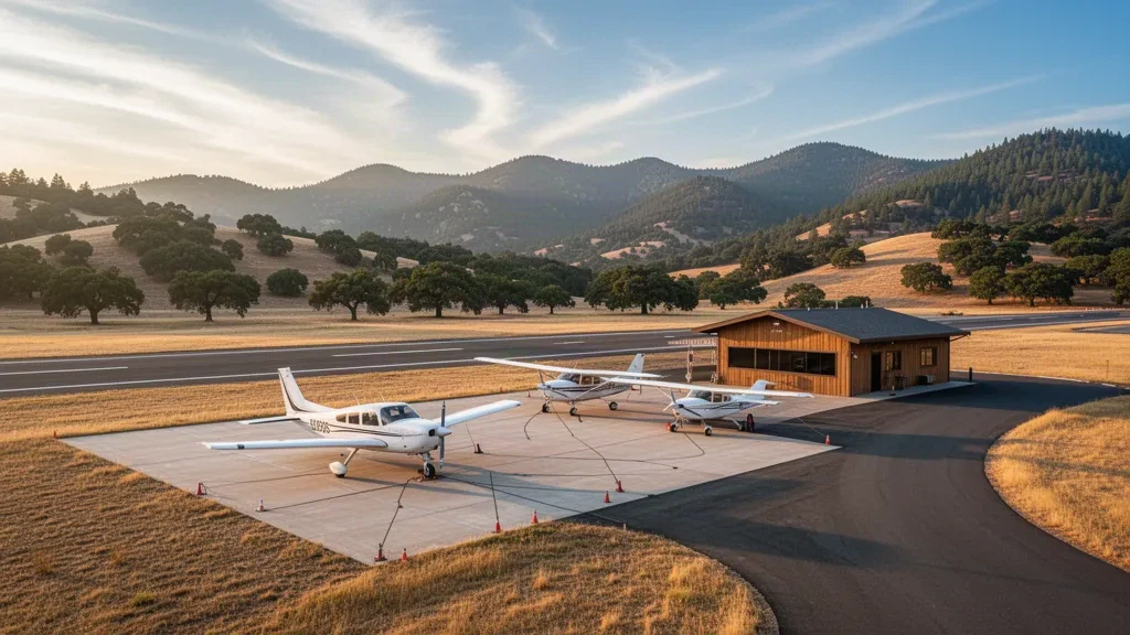 Light aircraft on the ramp beside a small airfield building at Placerville Airport amid the pine-covered Gold Country foothills of California
