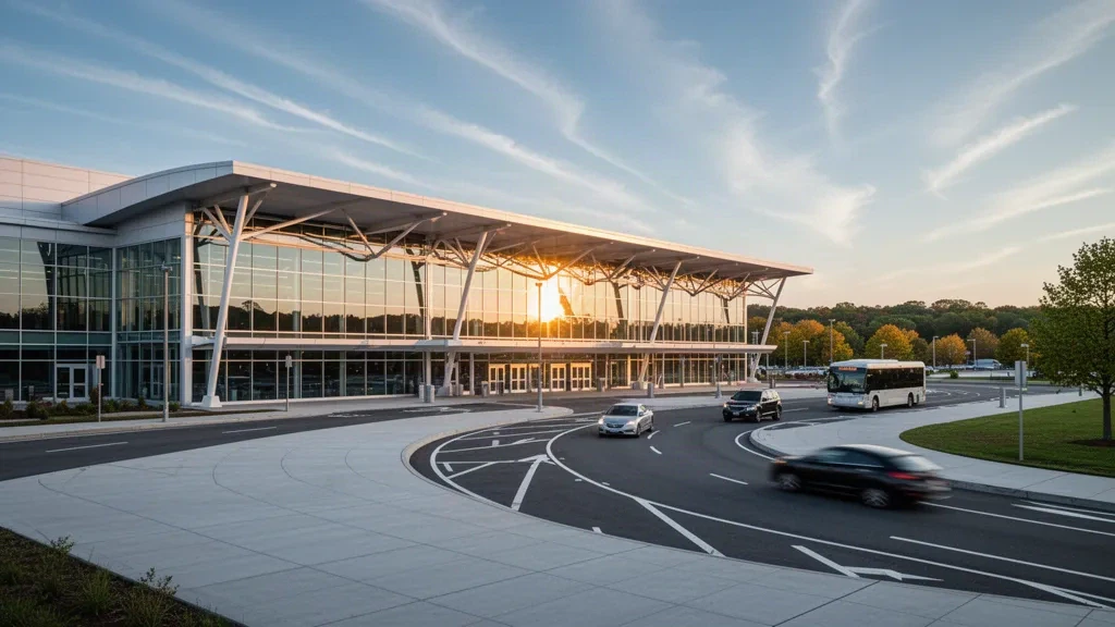Modernes Glas-Terminal und Vorfahrtsbereiche am Rhode Island T. F. Green International Airport in Warwick zur goldenen Stunde