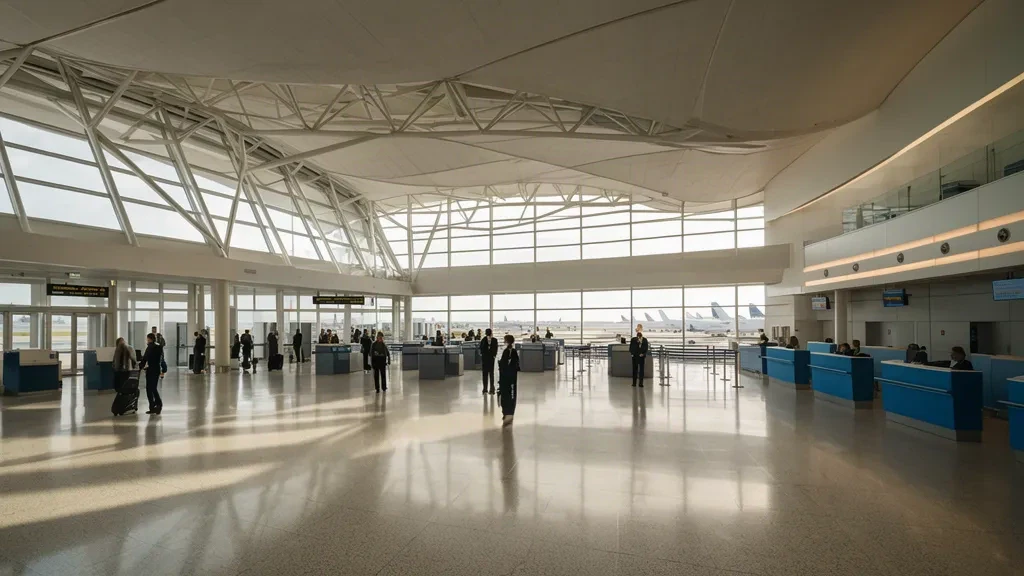 Helles Inneres des Terminals des Rhode Island T. F. Green International Airport in Warwick mit Abflughalle und Check-in-Bereich
