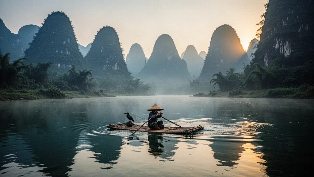 Brume matinale sur la rivière Li près de Guilin, dans le Guangxi, avec des pics karstiques calcaires étagés et un radeau de bambou sur l'eau