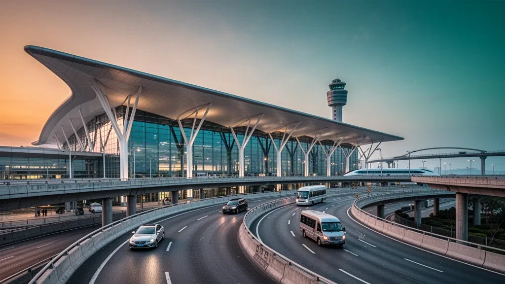 Terminal moderno in vetro e strade di accesso sopraelevate curve all'Aeroporto Internazionale di Shanghai Pudong al crepuscolo