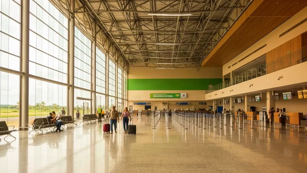 Interior del Aeropuerto Internacional Governador Jorge Teixeira de Oliveira en Porto Velho, Brasil, con una sala de embarque luminosa y viajeros.