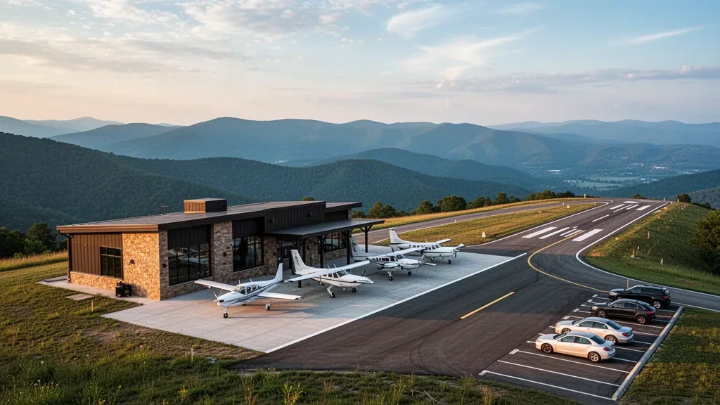 Golden-hour view of the terminal, apron and runway at Pike County Airport's Hatcher Field in the Kentucky mountains.