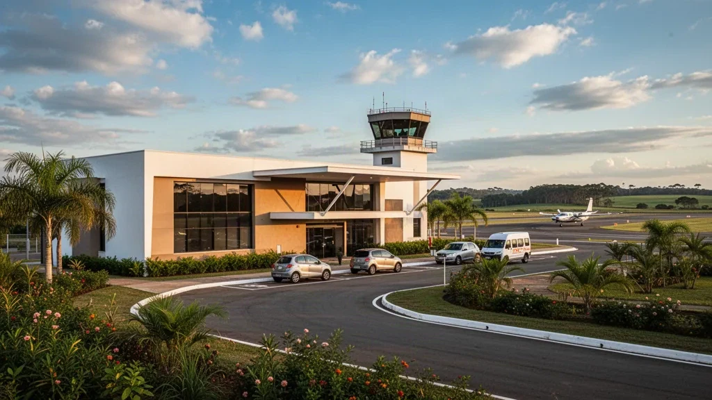 Entrée du terminal de l'aéroport régional et route d'accès à l'aéroport de Paranavaí au Brésil sous une lumière chaude de fin d'après-midi
