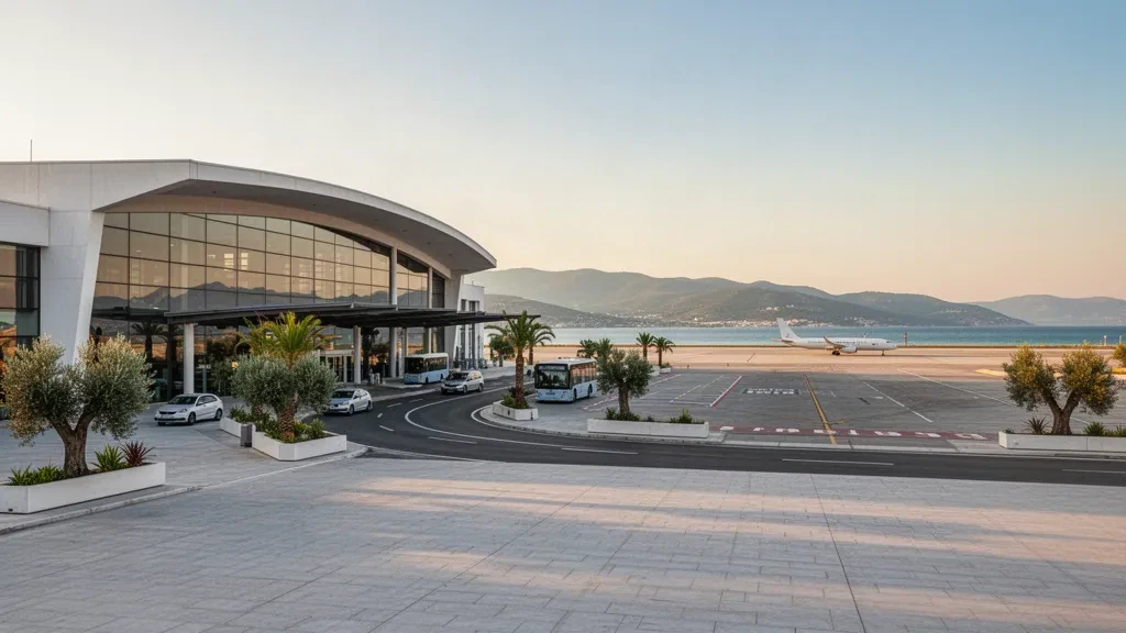 Moderno terminal in vetro dell'aeroporto nazionale di Aktion vicino a Preveza, in Grecia, luminoso nell'ora d'oro con ulivi e il calmo Mar Ionio sullo sfondo