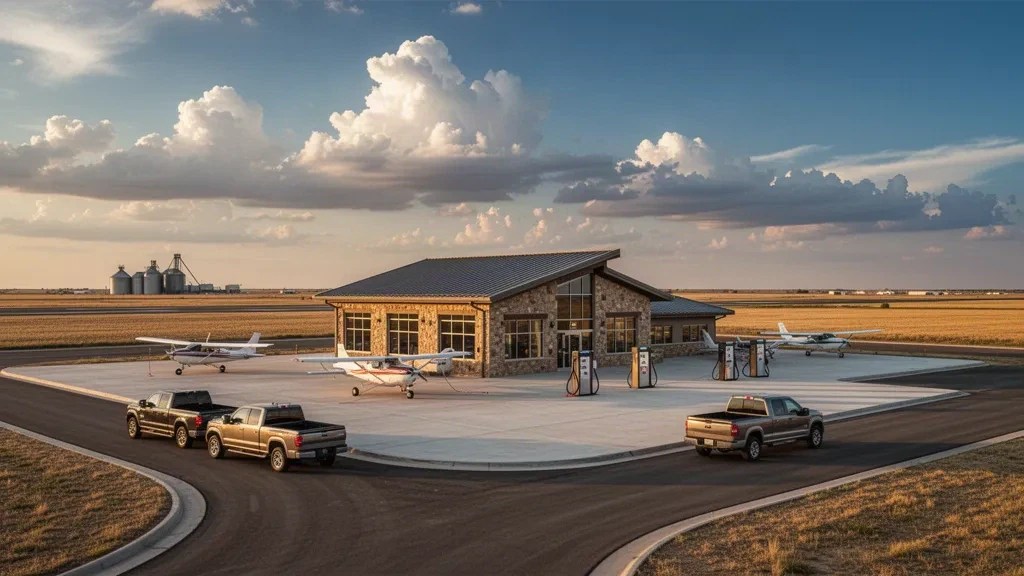 Single-story terminal and light aircraft on the apron at Hale County Airport in Plainview, Texas, under a wide West Texas sky