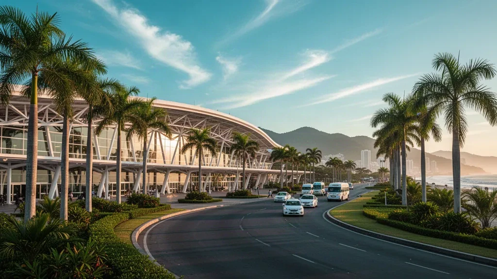 Exterior moderno y tropical de la terminal del Aeropuerto Internacional de Puerto Vallarta con palmeras, carril de descenso y vistas a las montañas a la hora dorada