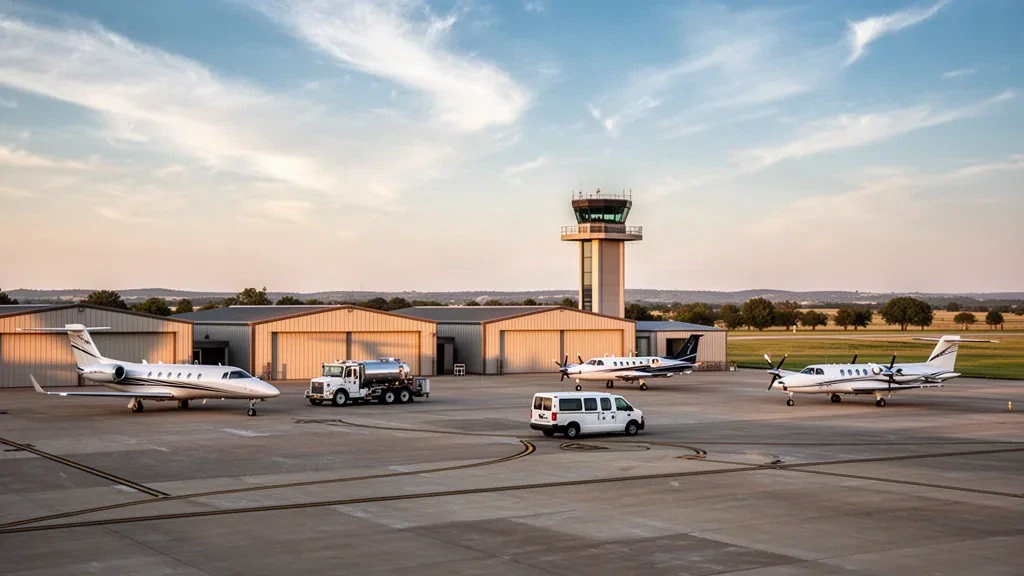 Jets d'affaires et hangars sur le tarmac de l'aéroport Wiley Post à Oklahoma City sous une fine tour de contrôle à l'heure dorée