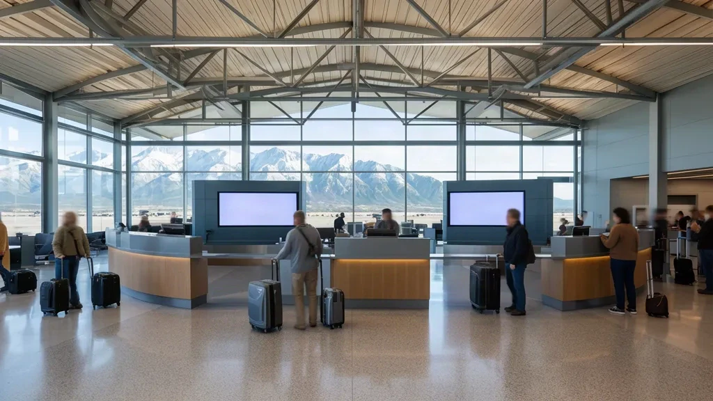 Sonnenbeschienenes Inneres des Terminals am Provo Municipal Airport mit Check-in-Schaltern und Bergblick hinter dem Glas