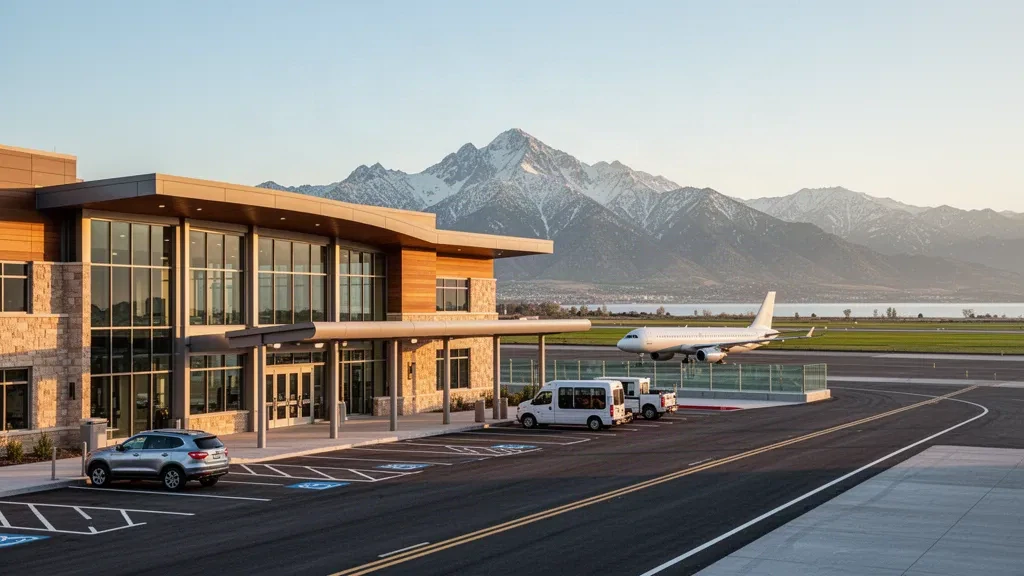 Esterno moderno del terminal aeroportuale in vetro presso il Provo Municipal Airport nello Utah, con le Wasatch Mountains e lo Utah Lake dietro la corsia di sosta per il drop-off.