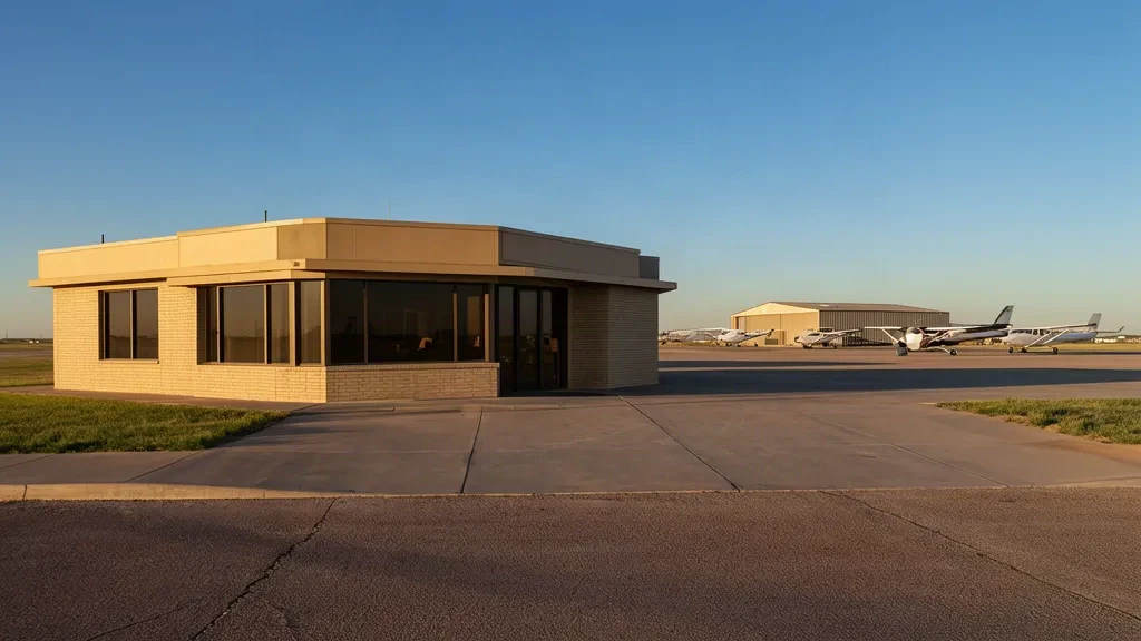 Extérieur du terminal de l'aéroport de Hale County à Plainview, au Texas, avec de petits avions stationnés sur le tarmac sous un ciel bleu dégagé.