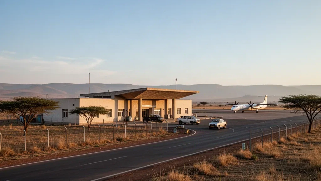 Pequeña terminal regional y plataforma en el aeropuerto de Beles, en Etiopía, rodeadas de un paisaje seco de tierras altas bajo la cálida luz del final de la tarde.