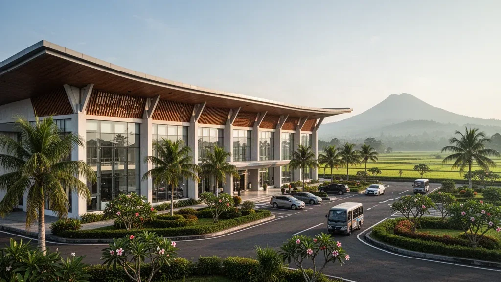 Extérieur moderne du terminal de l'aéroport Jenderal Besar Soedirman à Purbalingga, Java central, avec un aménagement paysager tropical et des collines au loin.