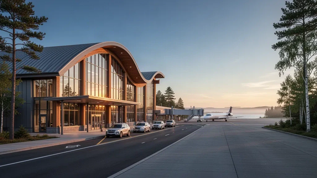 Modern glass and timber terminal exterior at Portland International Jetport in Maine with drop-off lanes at golden hour