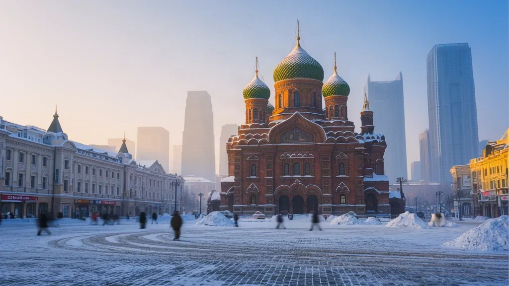 Winter view of Harbin's Saint Sophia Cathedral and snow-dusted skyline in Heilongjiang, China, glowing in warm golden-hour light