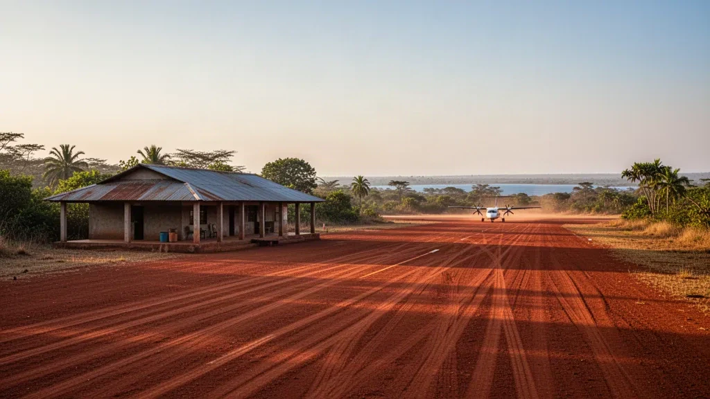 Vue à l'heure dorée de la piste en latérite rurale et du petit terminal de l'aéroport de Pweto, en République démocratique du Congo, près du lac Moero