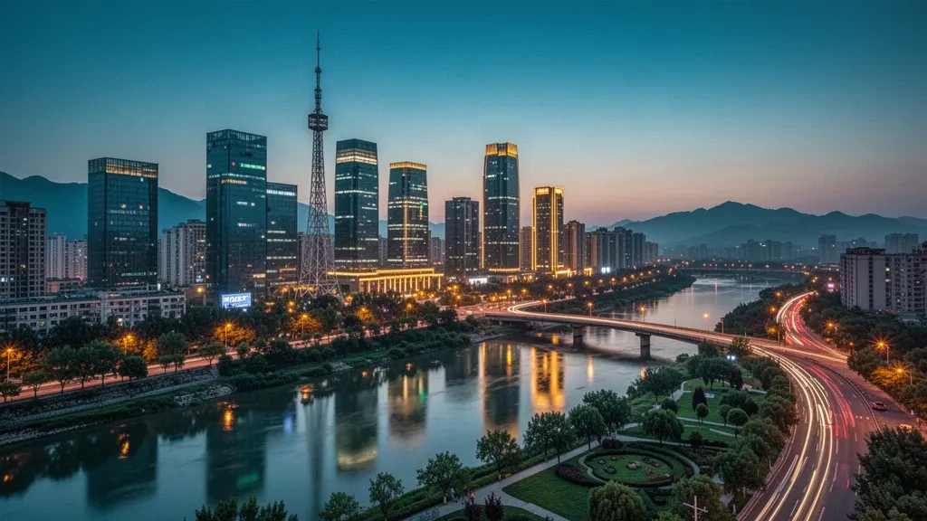 Horizonte de Shijiazhuang en la hora azul con rascacielos modernos, reflejos en el río y la torre de televisión, ciudad capital de la provincia de Hebei, China