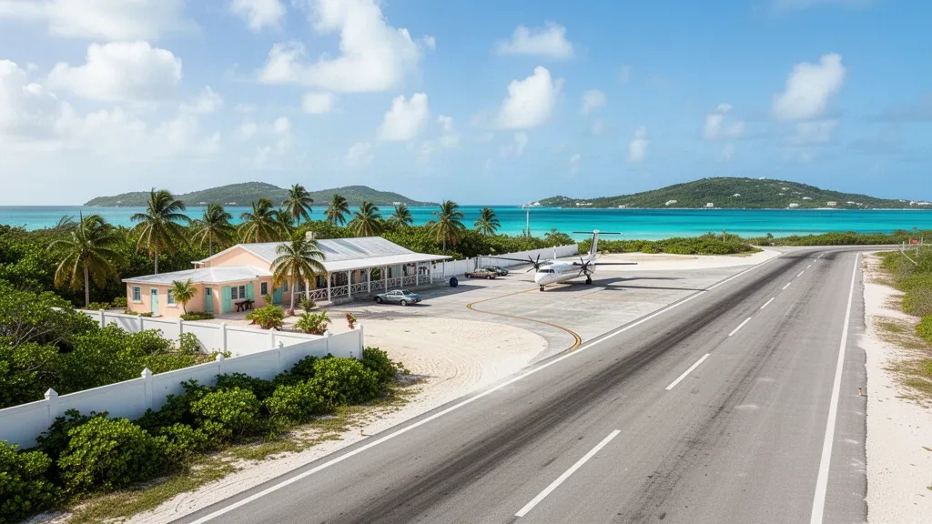 Bahamalar, Crooked Island'da palmiye ağaçları ve turkuaz Karayip sularıyla çevrili Pitts Town Havalimanı pisti ve küçük ada terminali.