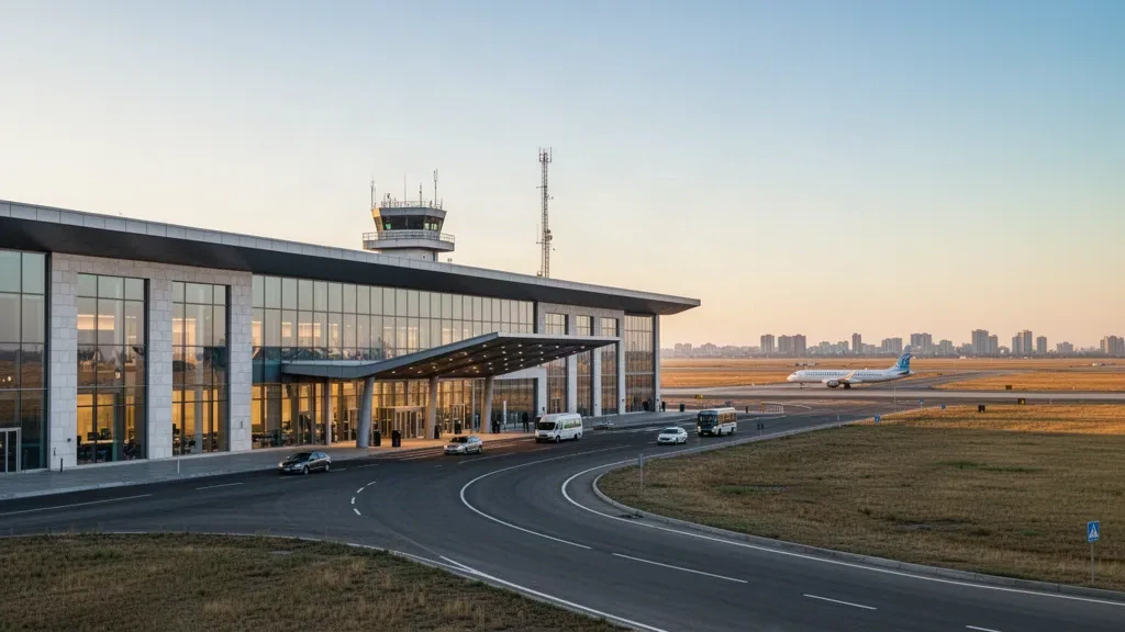Exterior de terminal moderna de cristal y vía de acceso junto al bordillo en el Aeropuerto Internacional de Pavlodar, Kazajistán, a la hora dorada