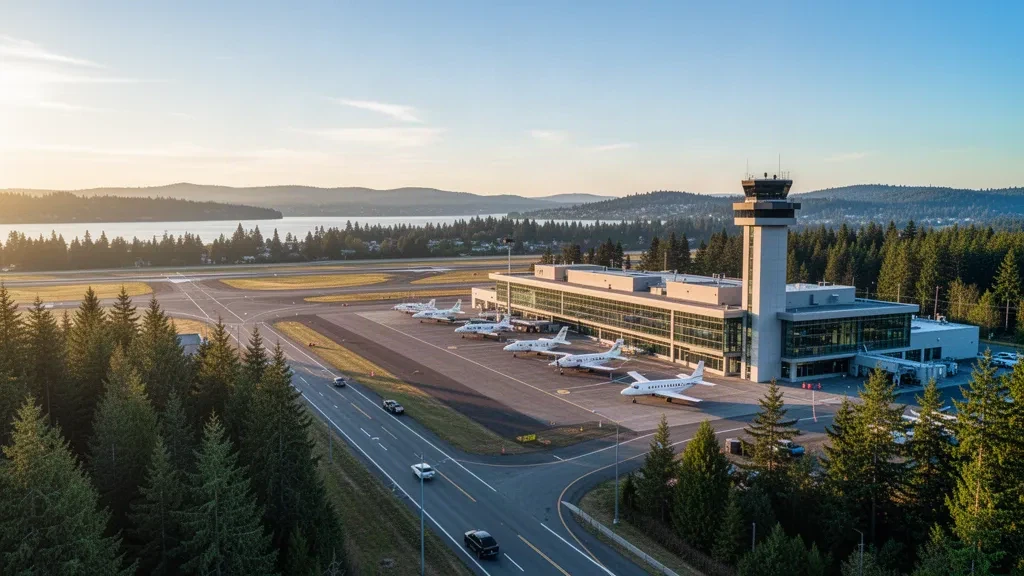 Modern terminal and runway at Bremerton National Airport in Washington, framed by evergreen trees and soft Pacific Northwest light.