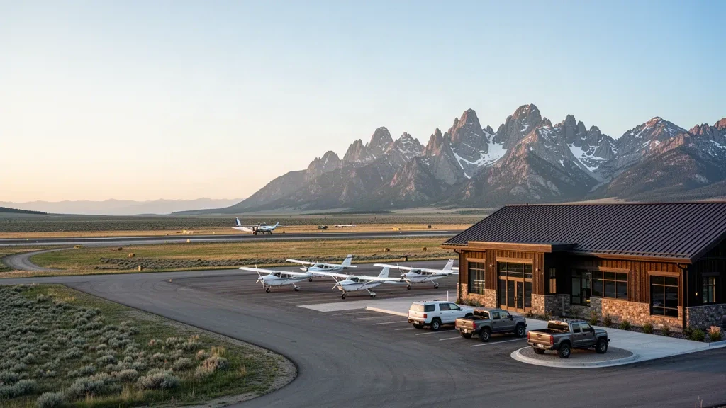 Kleines Bergflughafenterminal und Vorfeld mit Leichtflugzeugen am Ralph Wenz Field in Pinedale, Wyoming, unter schneebedeckten Gipfeln bei Sonnenaufgang
