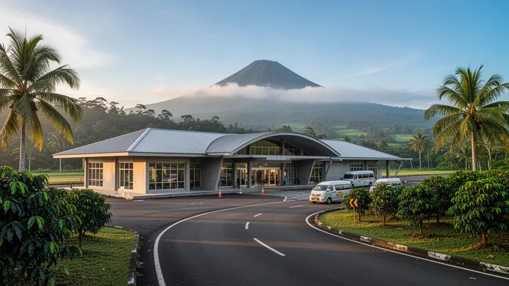 Small modern terminal and drop-off lane at Atung Bungsu Airport in Pagar Alam, with misty Sumatran highlands behind