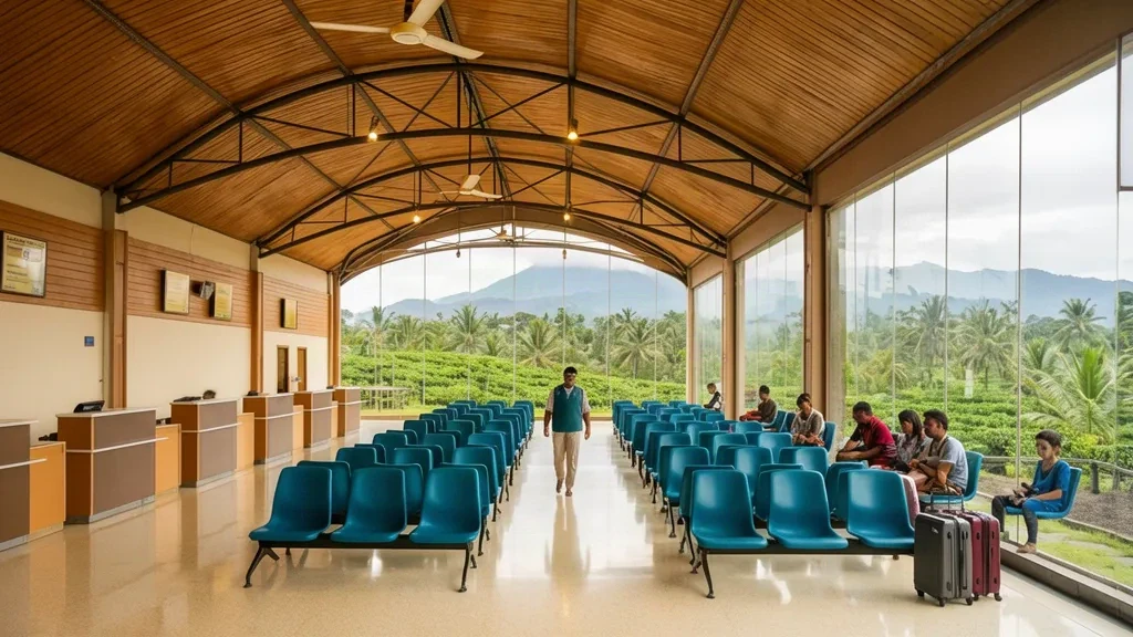 Interior of Atung Bungsu Airport terminal in Pagar Alam with blue waiting seats, check-in counters and daylight through large windows