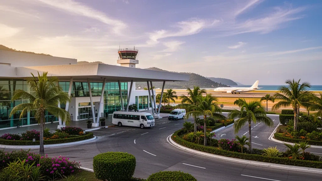 Terminal tropical moderna y carril de descenso bordeado de palmeras en el Aeropuerto Internacional de Puerto Escondido, en Oaxaca, México