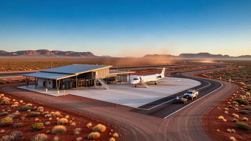 Pista remota nell'outback presso Prominent Hill Airport in South Australia, con un jet regionale sul piazzale e le pianure desertiche rosse all'ora d'oro