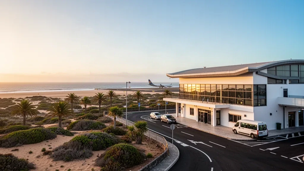 Terminal moderna de cristal en el aeropuerto de Porto Santo con palmeras, carril de descenso y costa atlántica a la hora dorada