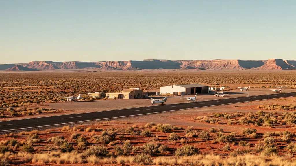 Außenansicht des Flughafens Polacca PXL in Arizona mit kleiner Wüstenstartbahn, Kleinflugzeugen und umgebenden Mesas unter klarem Himmel.