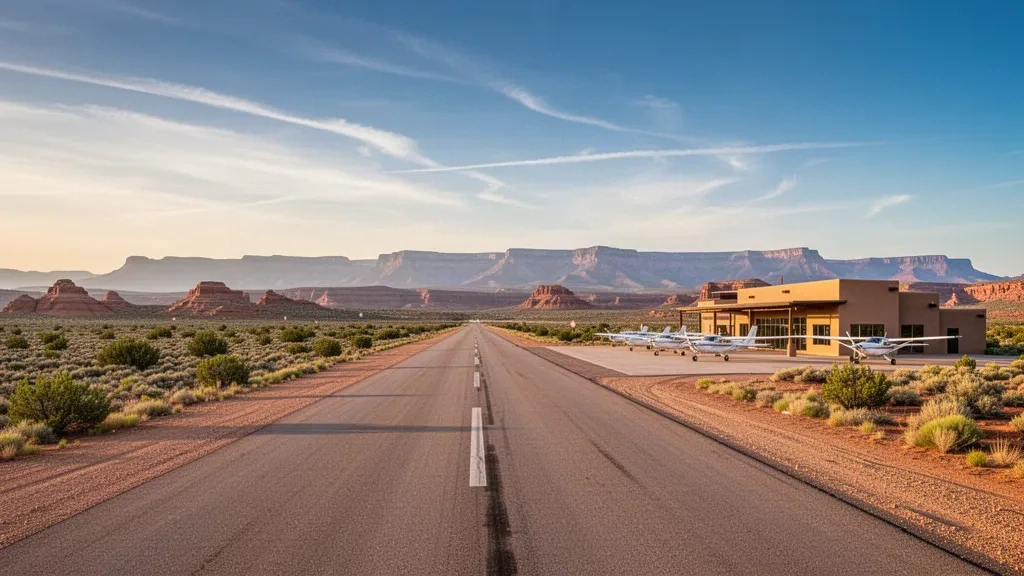 Pequeño aeródromo desértico cerca del Aeropuerto de Polacca en Arizona, con una pista pavimentada, aviones ligeros y mesetas distantes bajo la luz del atardecer.