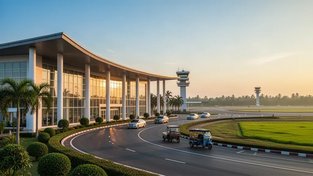 Esterno moderno del terminal dell'Aeroporto di Surin in Thailandia, incorniciato dal verde tropicale e dalla calda luce dell'ora d'oro.