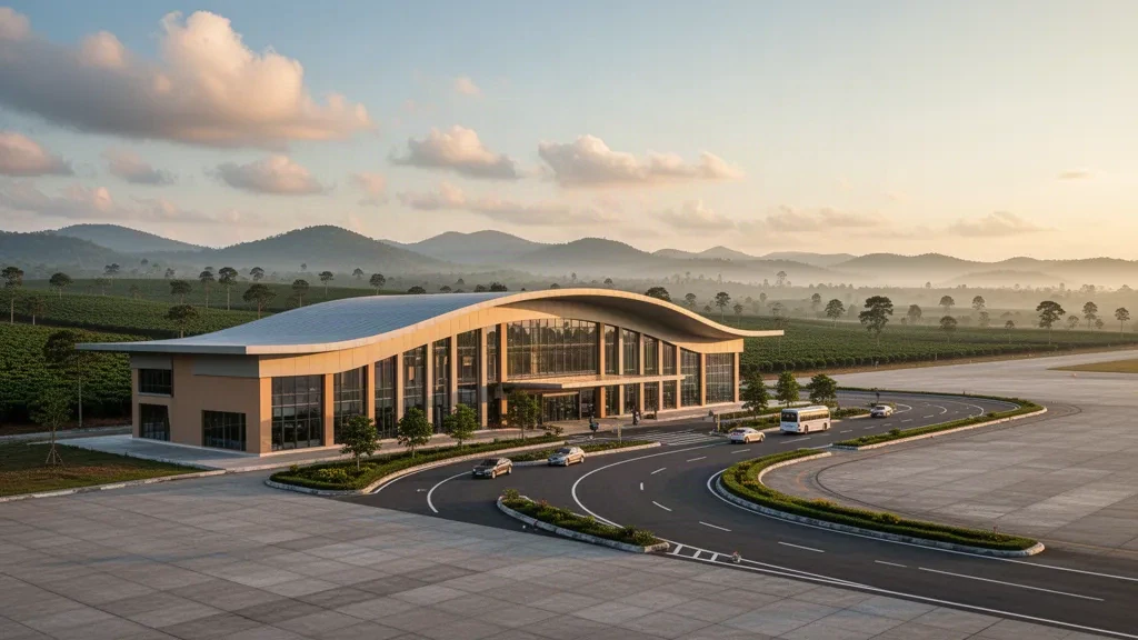 Modern Pleiku Airport terminal and curved drop-off lane in Vietnam's Central Highlands at golden hour